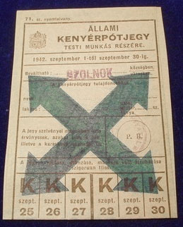1942 Állami kenyérpótjegy testi munkás részére hamis nyilas bélyegzés