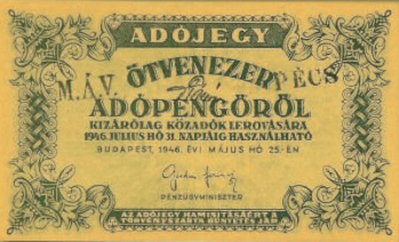 50000 adópengő 1946 - hamis M.Á.V. Pécs aláírás bélyegzők