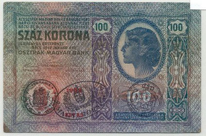 100 korona 1912 - hamis 1919-es romn, magyar, horvt blyegzkkel