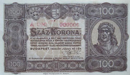 100 korona 1923 - hamis 0-ás MINTA