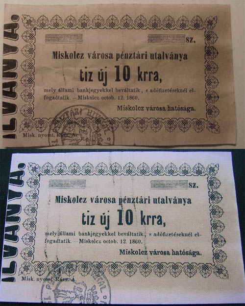 Miskolcz vros pnztri utalvny - 10 kracjzr 1860 hamis