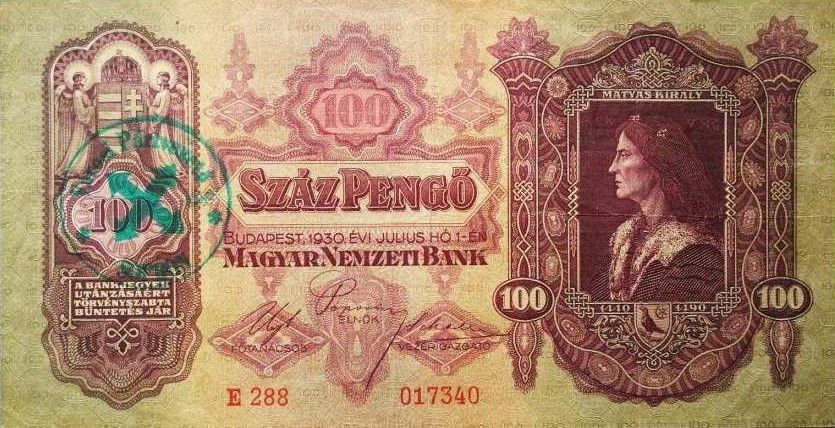 100 peng 1930 - nyilaskeresztes blyegzs Sopron - cmerrel hamis