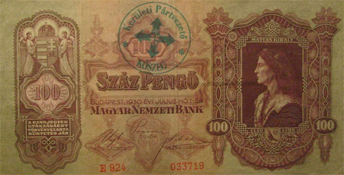 100 peng 1930 - nyilaskeresztes blyegzs Kszeg - cmerrel hamis