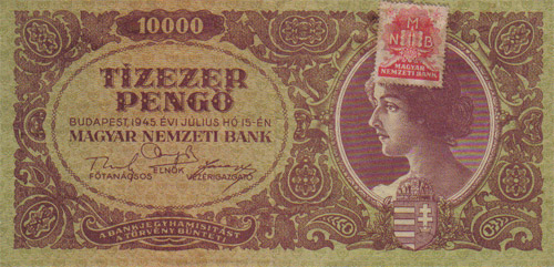 10000 pengő 1945 - piros színű bélyeggel