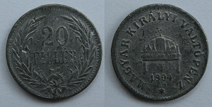 20 fillér 1894 korabeli öntött hamisítvány