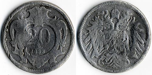 20 heller 1893 korabeli öntött hamisítvány