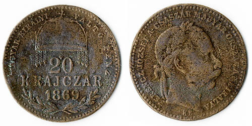 20 krajczár 1869 korabeli réz hamisítvány