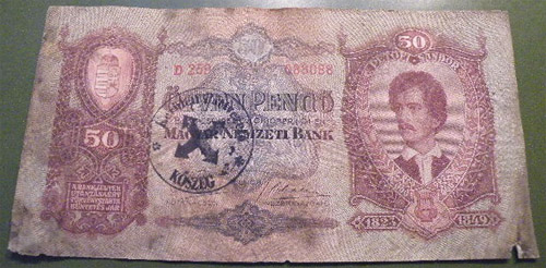 50 pengő 1932 - hamis nyilaskeresztes bélyegzés Kőszeg