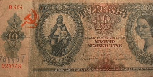10 pengő 1936 - Sarló-kalapács és sorszám fantázia bélyegzés