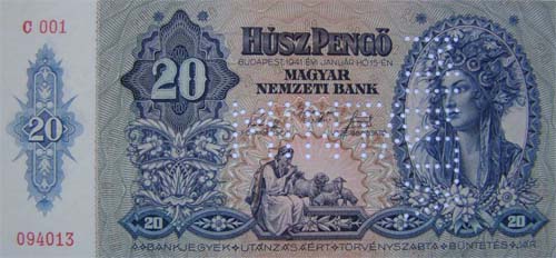 20 pengő 1941 - hamis sorszámos MINTA duplán lyukasztott