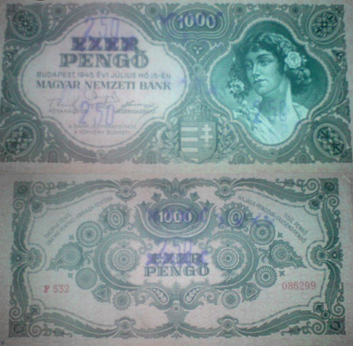 1000 pengő 1945 - 250 pengőre felülbélyegzett hamis