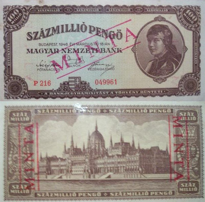 100000000 pengő 1946 - hamis MINTA bélyegzés